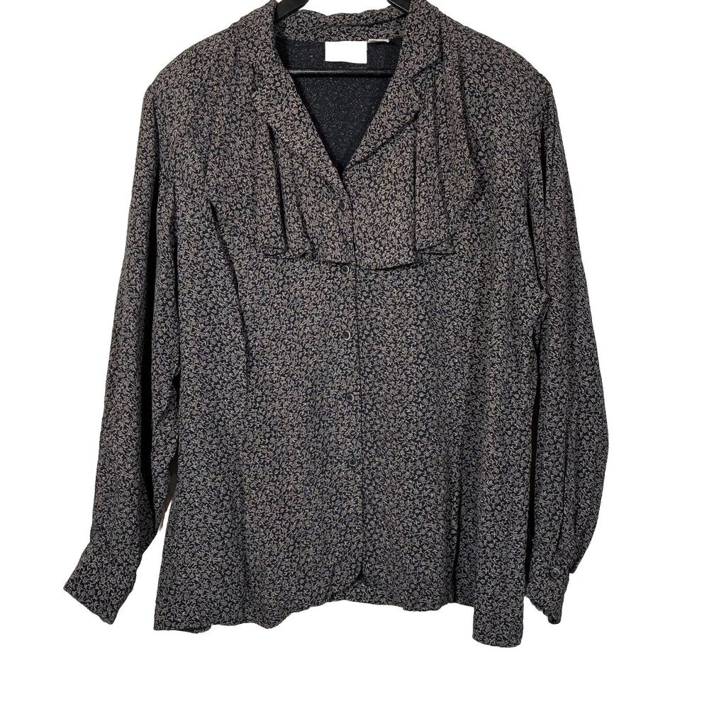 Black Floral Blouse, Statement Ruffle Collar Liz Claiborne 16 Rayon Vintage